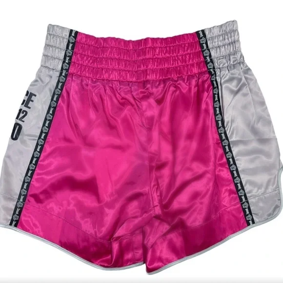 VERSACE Pink and Silver Unisex Boxing Shorts NWT shiny leg slit cute rare logo